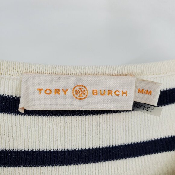 Tory Burch Navy Blue and White Striped Red Button Pearl Neck Sweater Medium - Picture 3 of 9